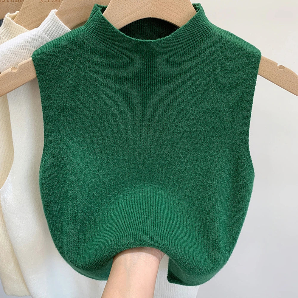Women’s Knitted Sleeveless Tank Top – Solid Color, Cropped, Half-Turtleneck