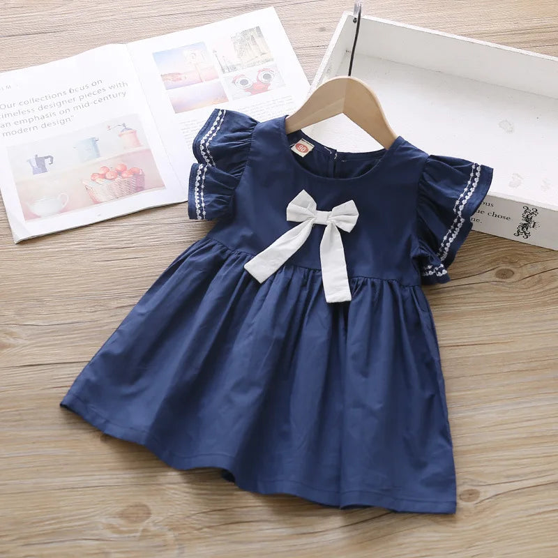 Girls’ Flying Sleeve Cotton Princess Dress with Big Bow