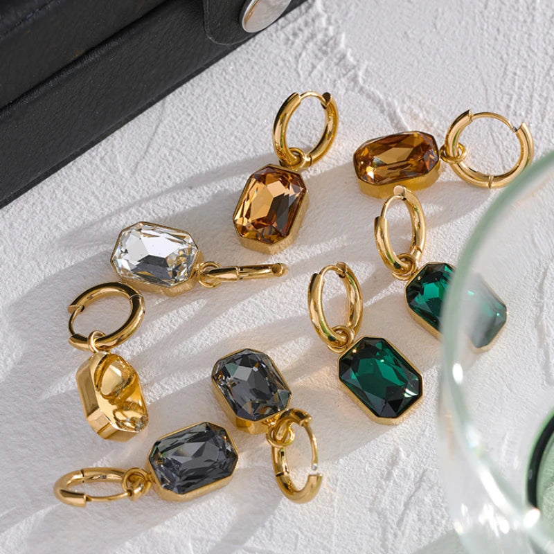 Trendy Women’s Earrings – Stainless Steel with Cubic Zirconia & Glass, Modern Style Gift