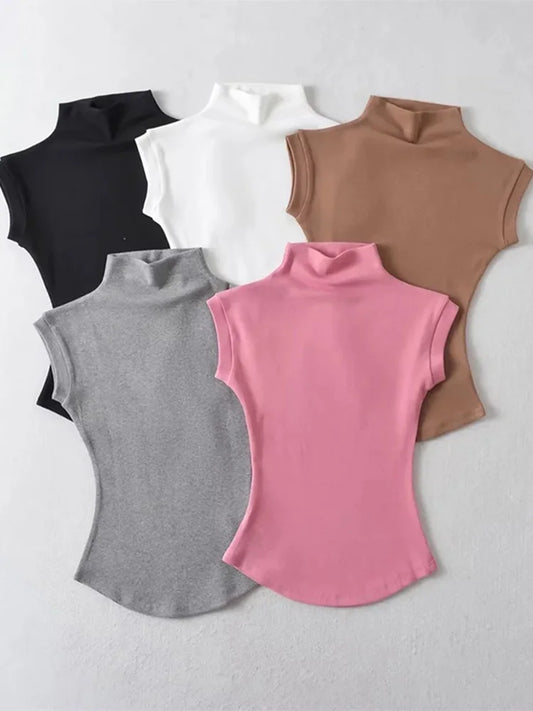 Women's Sleeveless Turtleneck Tops – Slim Fit, Solid, Casual Summer Streetwear