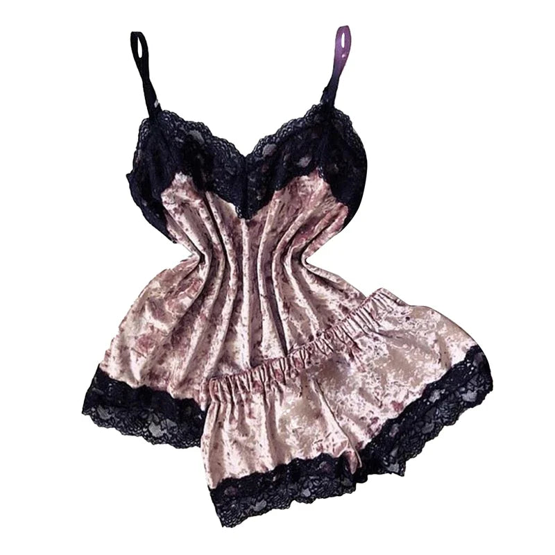 Women’s Sexy Lingerie Sleepwear – Velvet Pajama Set with V-Neck Camisole & Bow Shorts