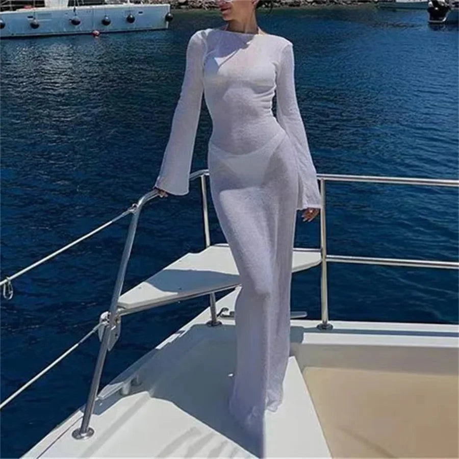 Sheer Mesh Long Sleeve Beach Dress – Backless, Lightweight & Sun-Protective
