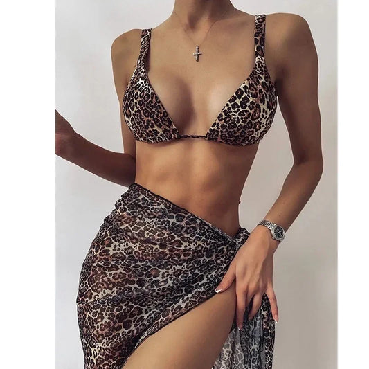Women's 3-Piece Bikini Set – Triangle Swimwear with Skirt Cover-Up