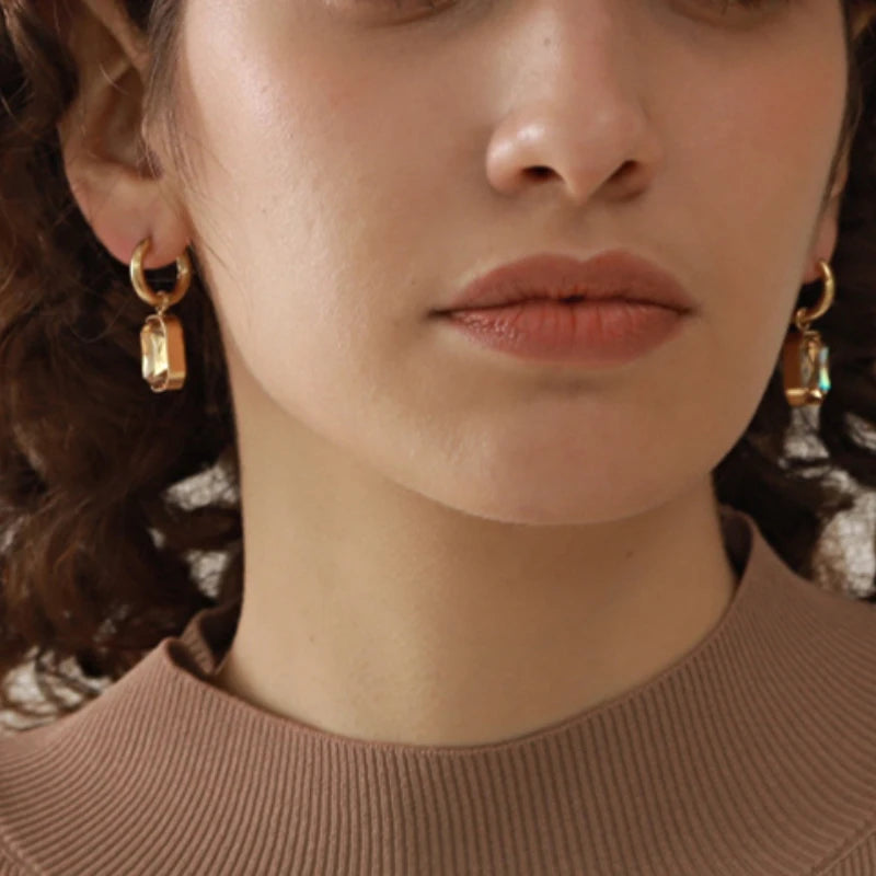 Trendy Women’s Earrings – Stainless Steel with Cubic Zirconia & Glass, Modern Style Gift