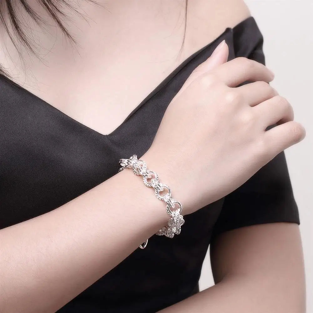 925 Sterling Silver Link Chain Charm Bracelet for Women – Elegant European Style Jewelry for Wedding, Party, or Christmas Gift