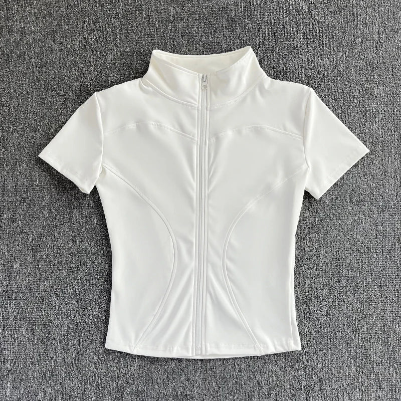 Women’s Summer Slimming Quick-Dry Yoga Top – Short Sleeve, Full-Zip