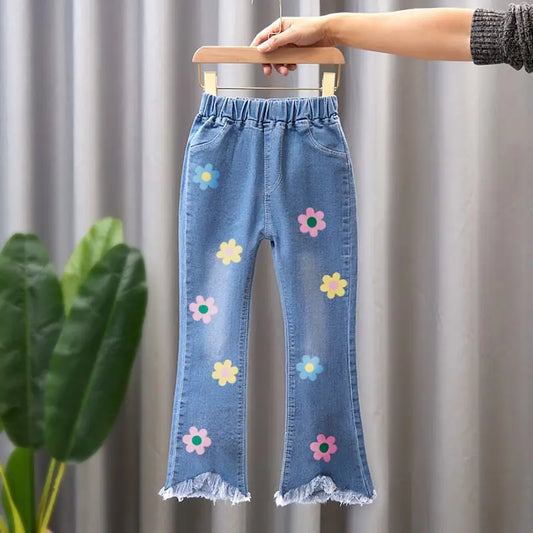 Girls' Printed Bell-Bottom Jeans Fashionable elastic denim trousers for spring/autumn—casual and comfy.