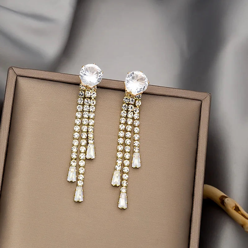 Shiny Crystal Zircon Drop Earrings for Women Geometric Tassel Vintage Pendant Fashion Jewelry