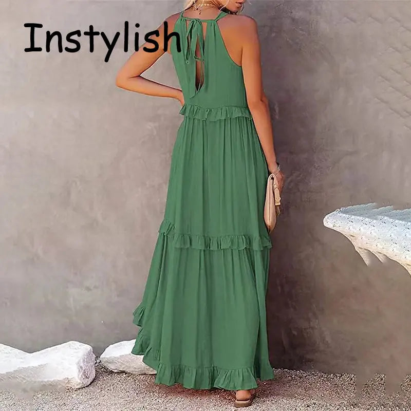 Women’s Casual Solid Ruffle Maxi Dress – Sleeveless Summer Beach Sundress, Elegant Party Vestido