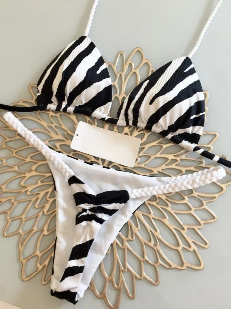 High-Waist Zebra Print Bikini – Brazilian Thong Set
