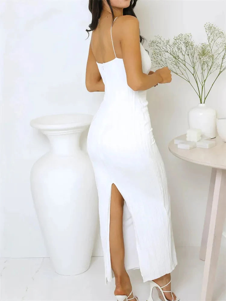 Summer 2024 Slim Rushed Dress – Monochrome, Back Split, Sleeveless