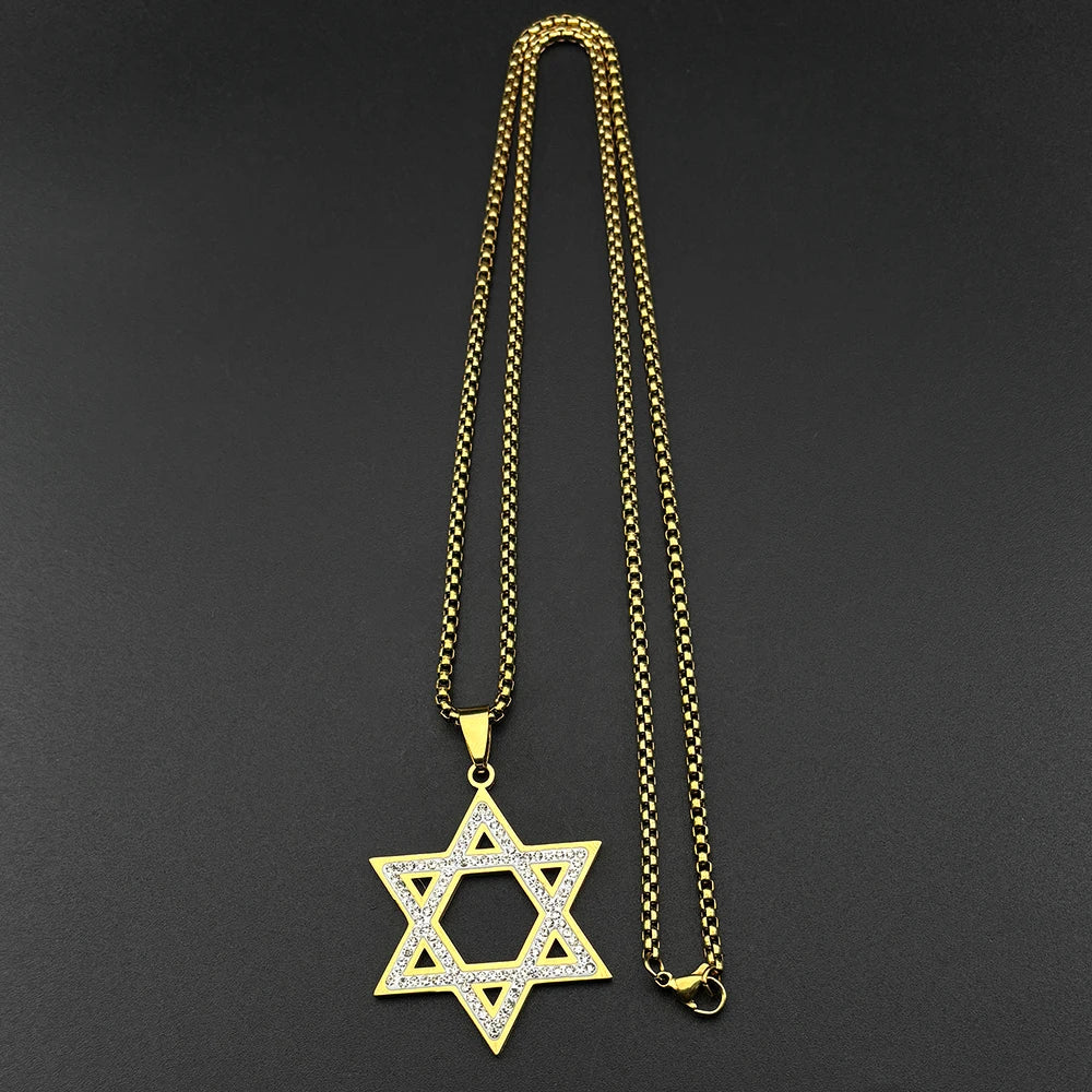 Israel Hexagram Star of David Pendant Necklace – Stainless Steel with Rhinestones, Unisex
