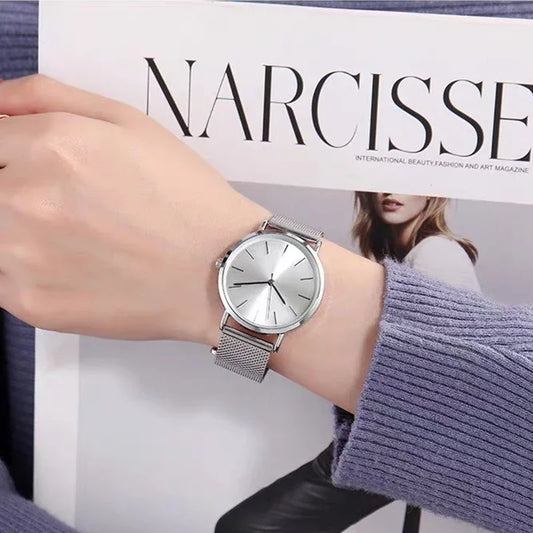 Fashion Women’s Quartz Watch Luxury Silver Mesh Strap Elegant Analog Wristwatch Relogio Feminino