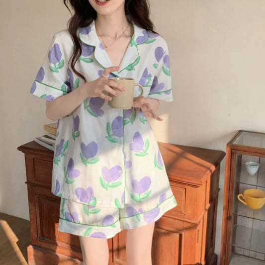 Women’s Pajama Set – Short Sleeve Top & Shorts, Printed Loungewear