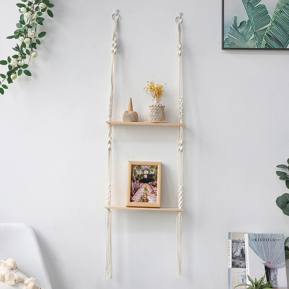 Wooden Macrame Wall Shelf – Boho Floating Display for Home, Living Room, Nursery Décor