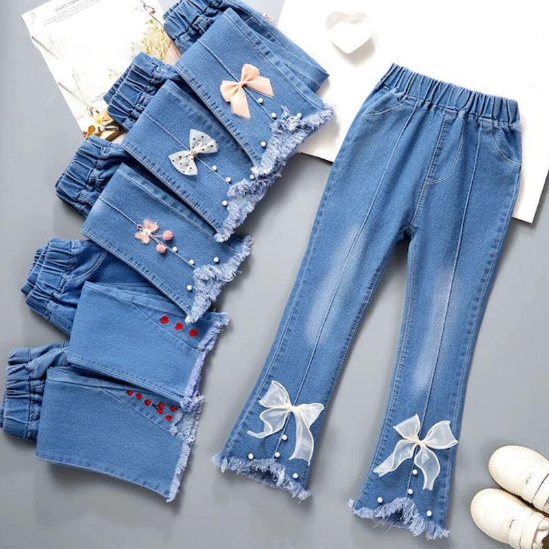 Girls' Printed Bell-Bottom Jeans Fashionable elastic denim trousers for spring/autumn—casual and comfy.
