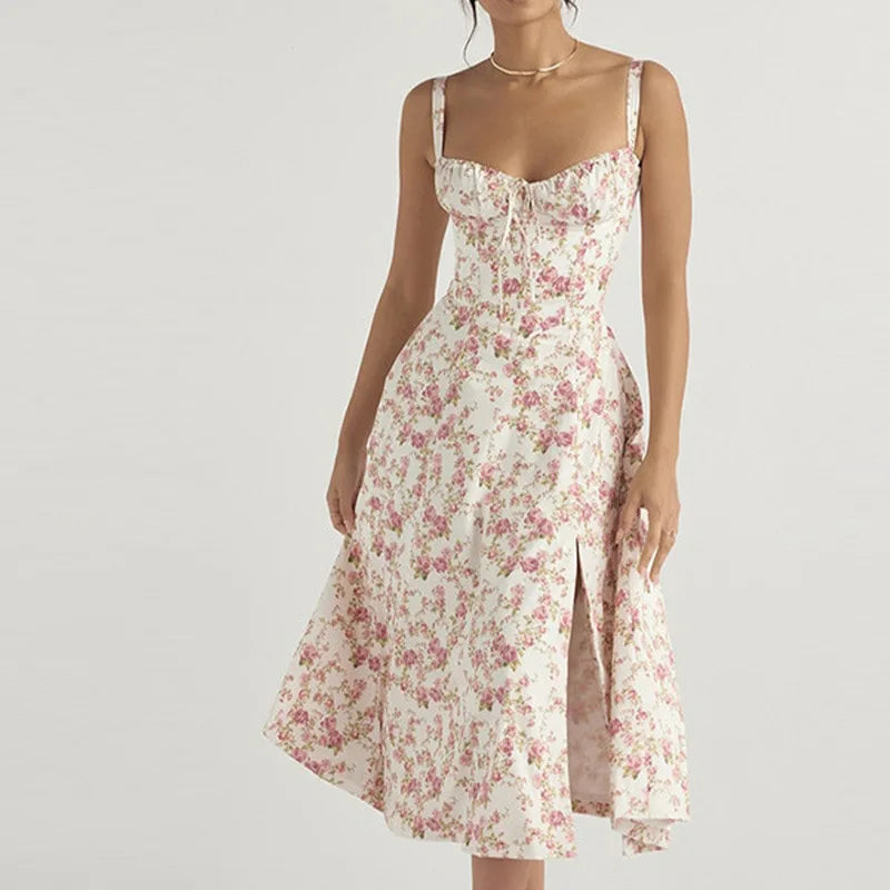 Women’s Floral Print Summer Midi Dress – Lace-Up Corset Beach Vacation Dress