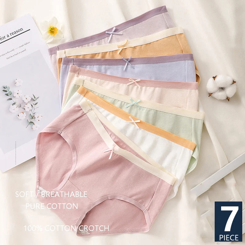 7Pcs Women’s Cotton Panties – Breathable Low-Waist Briefs with Cute Bow, Soft Comfortable Lingerie
