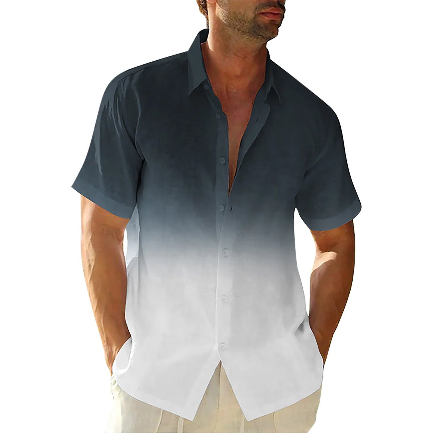 Men's Gradient Cotton Linen Button-Up Shirt — Casual Streetwear Cardigan