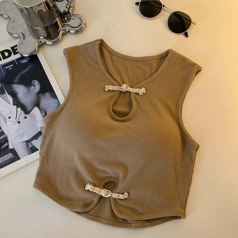 Vintage Halter Camisole for Women – Sleeveless Button Crop Top with Built-In Bra.