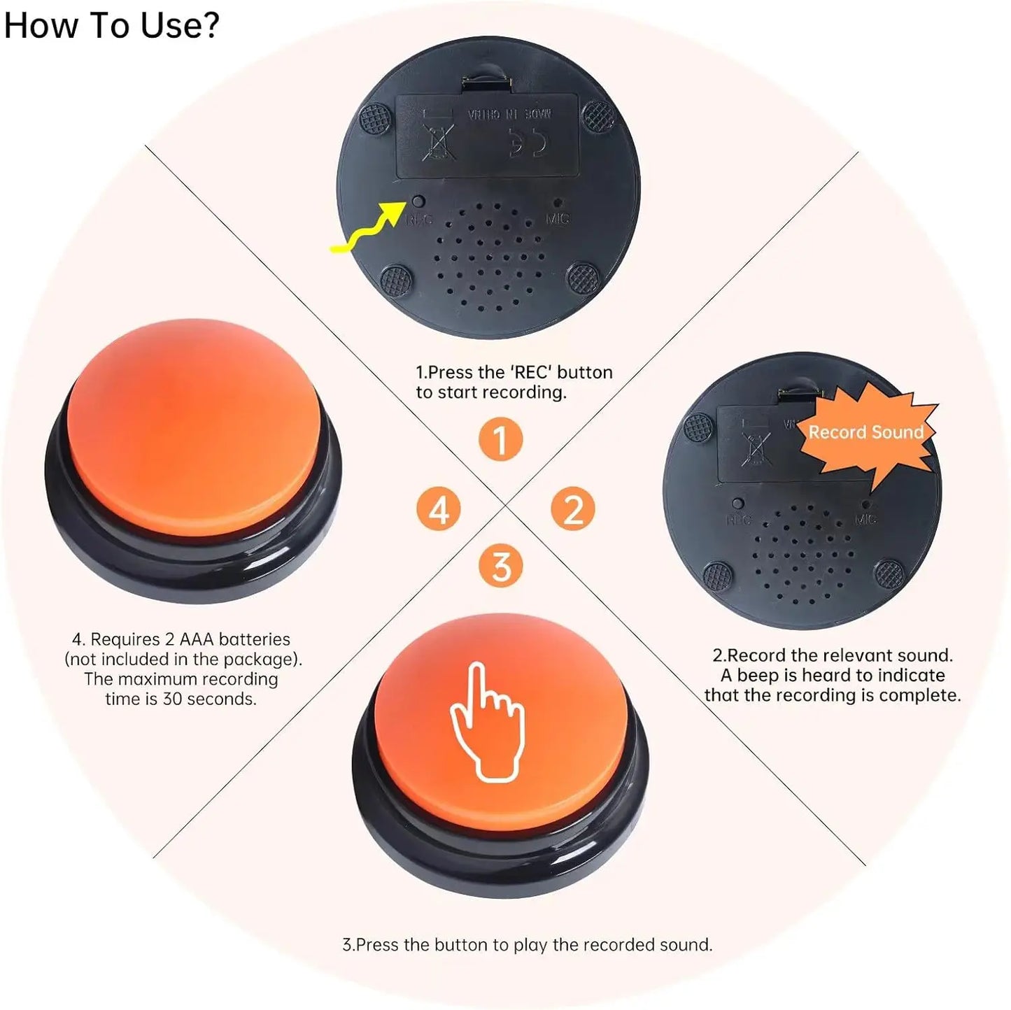 Voice Recording Button — 30s Record & Playback Pet Training Buzzer, Talking Dog Communication Buttons