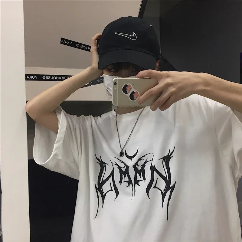 Women’s Punk Letter Print Tee – Loose Hip-Hop Graphic T-Shirt