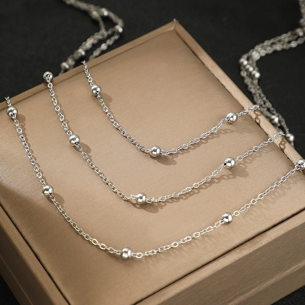 Multi-Layer Stainless Steel Beaded Necklace – Elegant Party Jewelry for Women