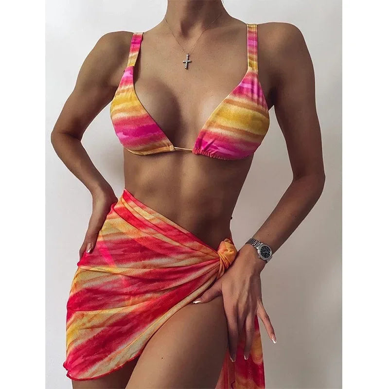 Women's 3-Piece Bikini Set – Triangle Swimwear with Skirt Cover-Up