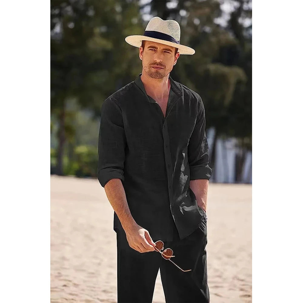 Men's Cotton Linen 2-Piece Set – Casual Beach Shirt & Pants