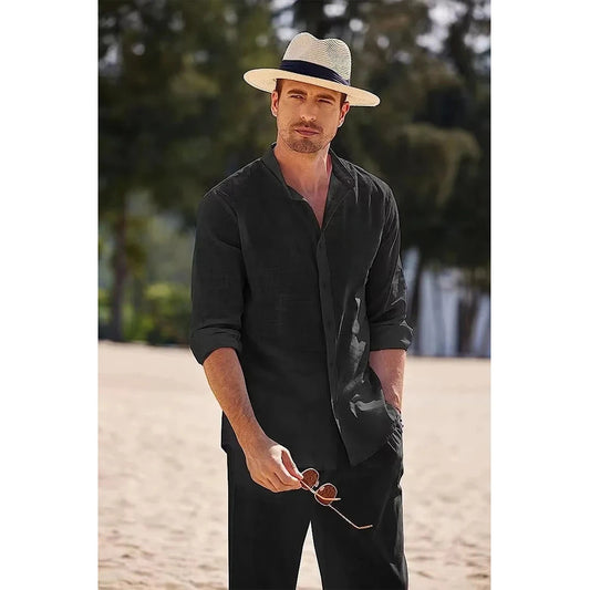 Men's Cotton Linen 2-Piece Set – Casual Beach Shirt & Pants