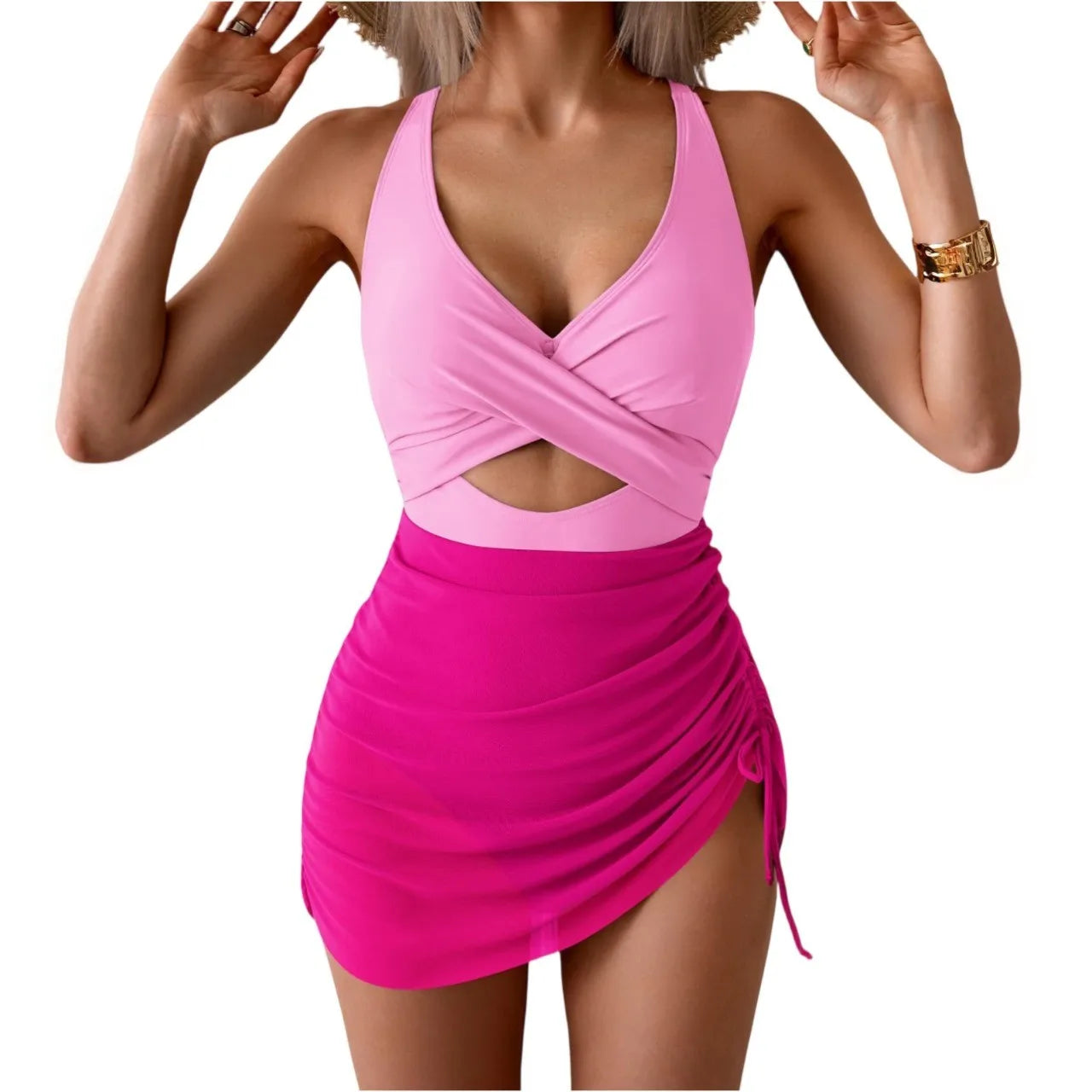 Women's Sexy One-Piece Swimsuit – Deep V, Mesh Splice, Side Drawstring, Suspender Style Beachwear