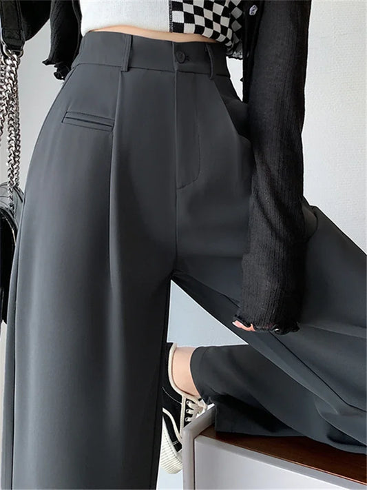 2024 Spring Summer Women’s High Waist Wide Leg Pants – Elegant Minimalist Straight Loose Trousers with Button Detail