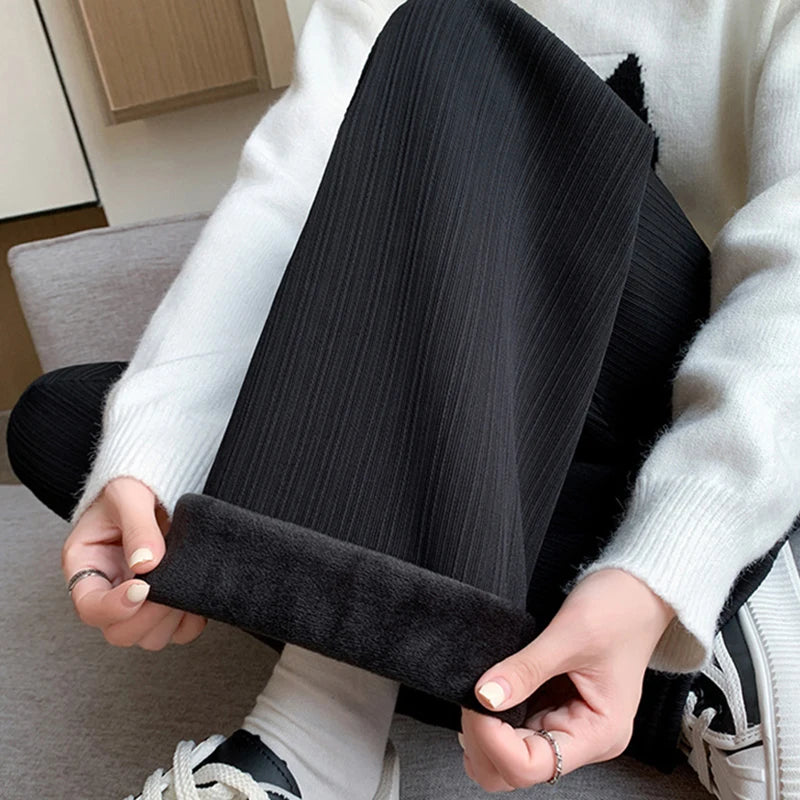Casual Fleece Lined Wide Leg Pants Women High Waist Warm Winter Trousers Solid Color Loose Straight Pocket Pants