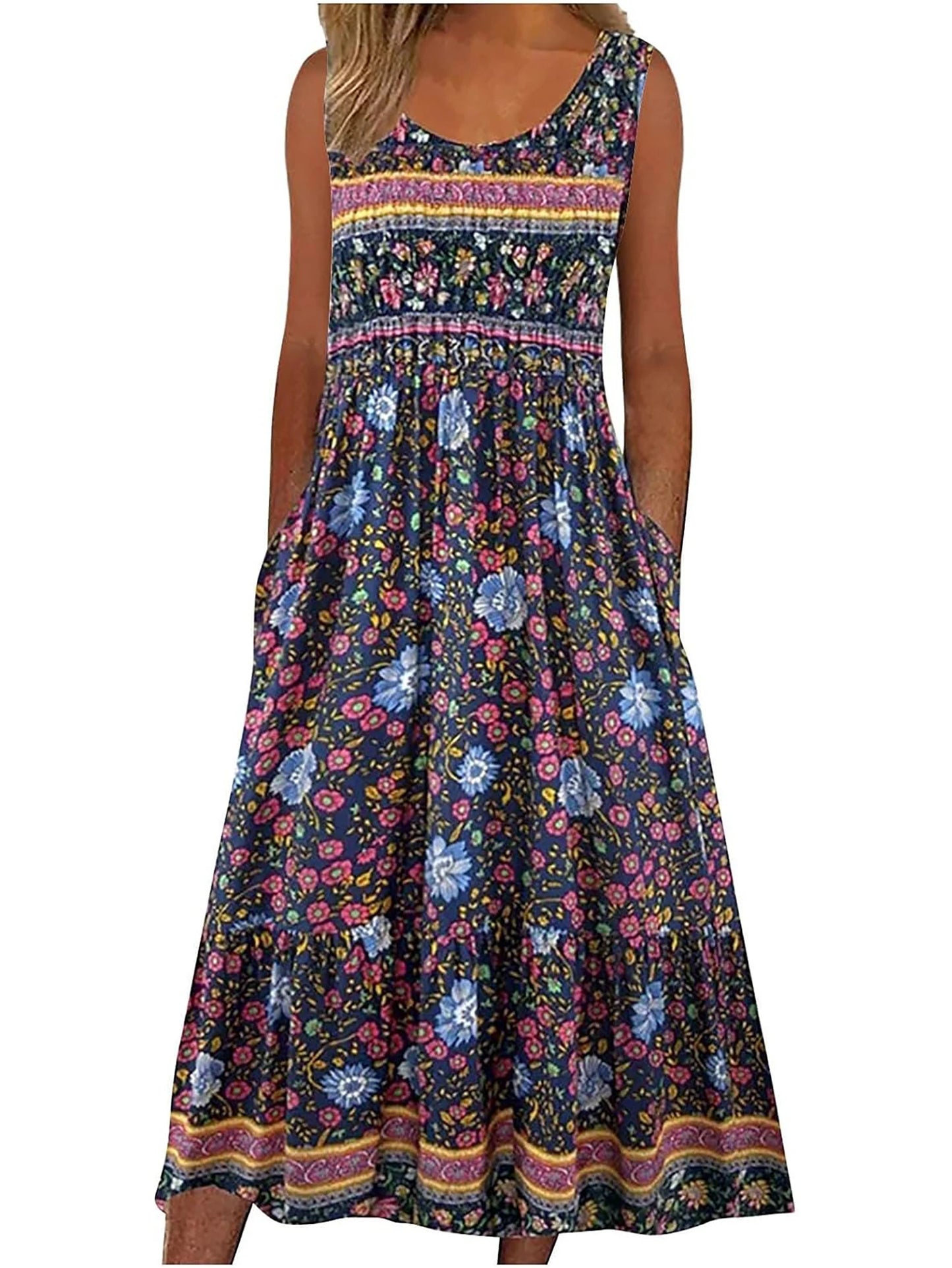 2025 Summer Women's Boho Floral Sleeveless Midi Sundress