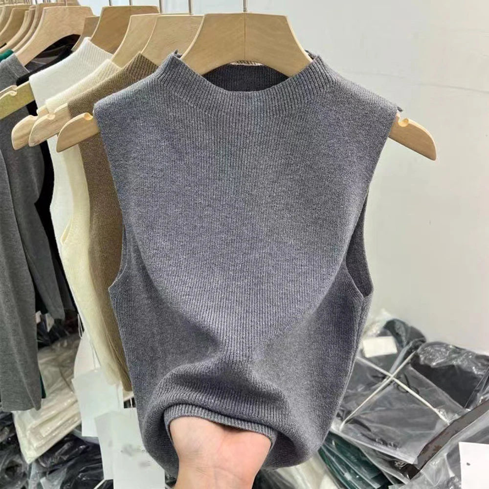 Women’s Knitted Sleeveless Tank Top – Solid Color, Cropped, Half-Turtleneck