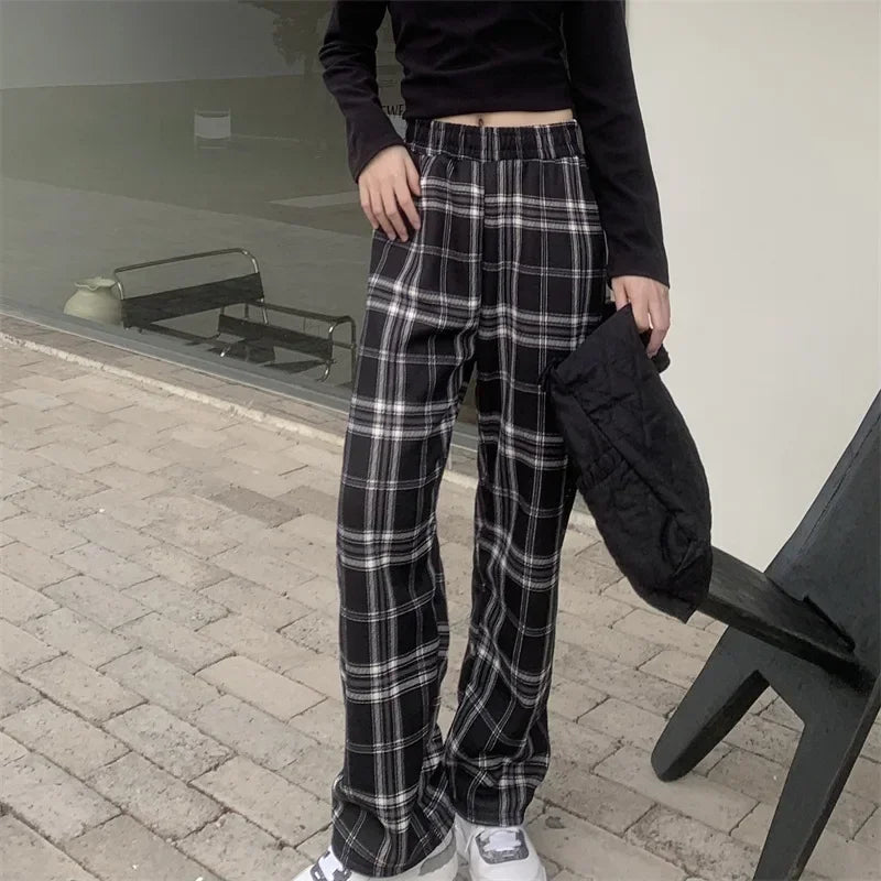 Women’s Winter Plaid Wide-Leg Pants – High-Waist & Fleece-Lined