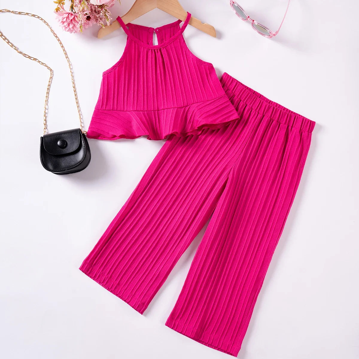 Girls’ Summer Halter Top & Wide-Leg Pants Set – Beach Vacation Outfit