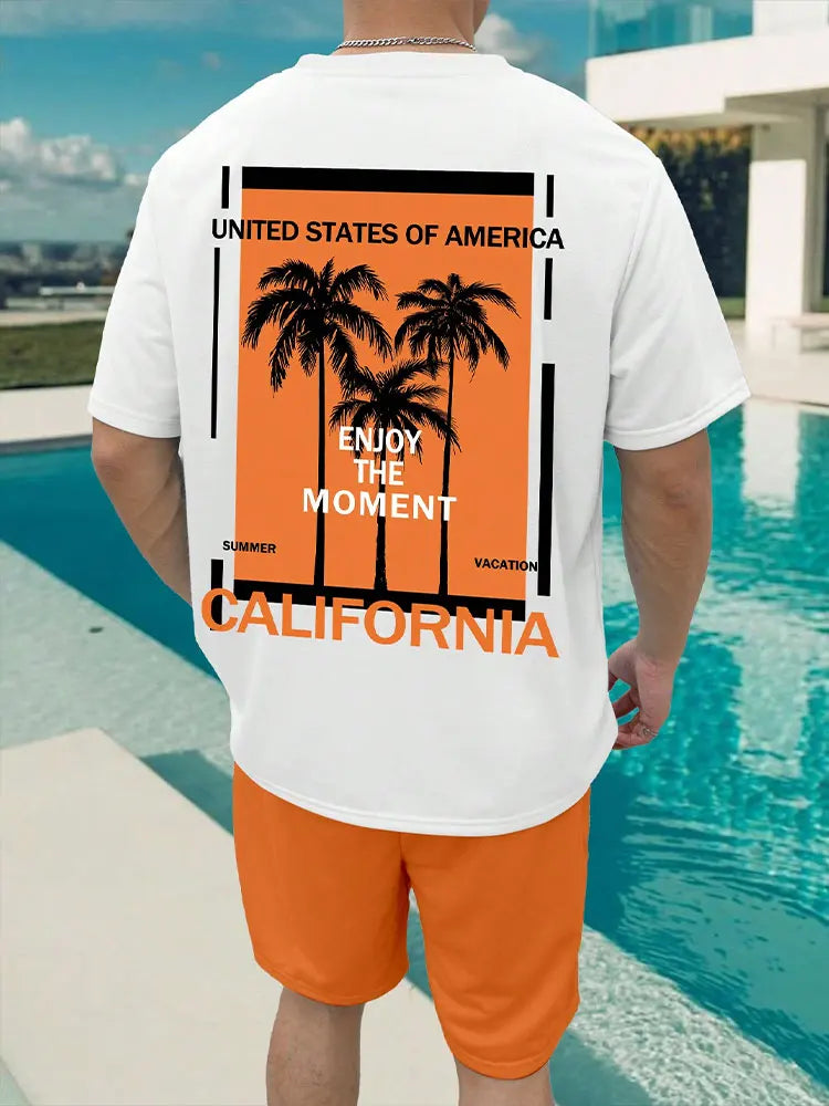Men's 3D Palm Print Hawaiian Set – Summer Casual T-Shirt & Beach Shorts for Everyday, Vacation, Outdoor Wear