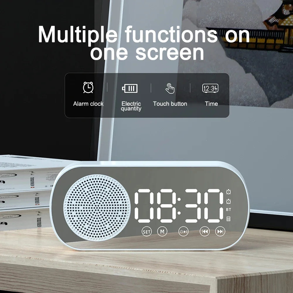 Wireless Bluetooth Speaker & Digital LED Alarm Clock – Mini Mirror Design, Multifunctional for Bedroom & Study