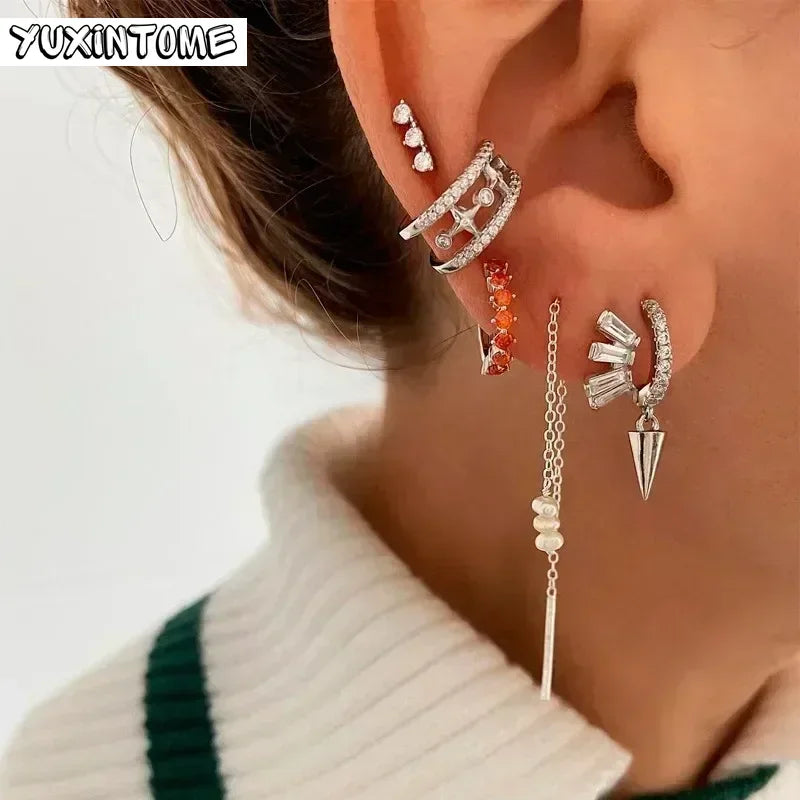 925 Sterling Silver White Zircon Tassel Hoop Earrings — Women’s Luxury Korean Fashion Jewelry 2025