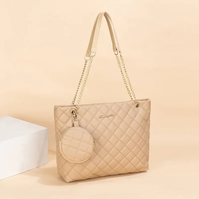 Rhombic Mini Tote – Embroidered, Chain Strap, Letter Detail, Stylish & Minimalist