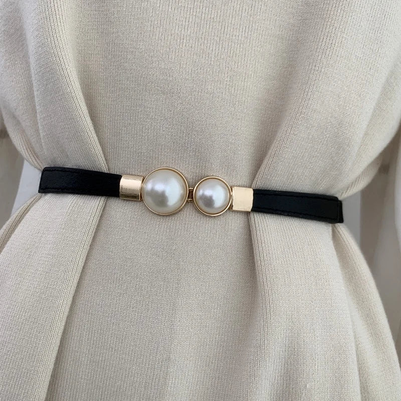 Elegant Double Pearl Buckle Elastic Belt – Thin Strap Waistband for Dresses & Skirts