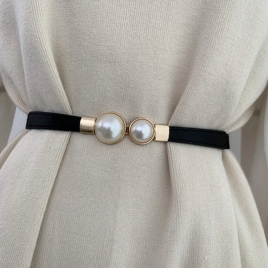 Elegant Double Pearl Buckle Elastic Belt – Thin Strap Waistband for Dresses & Skirts