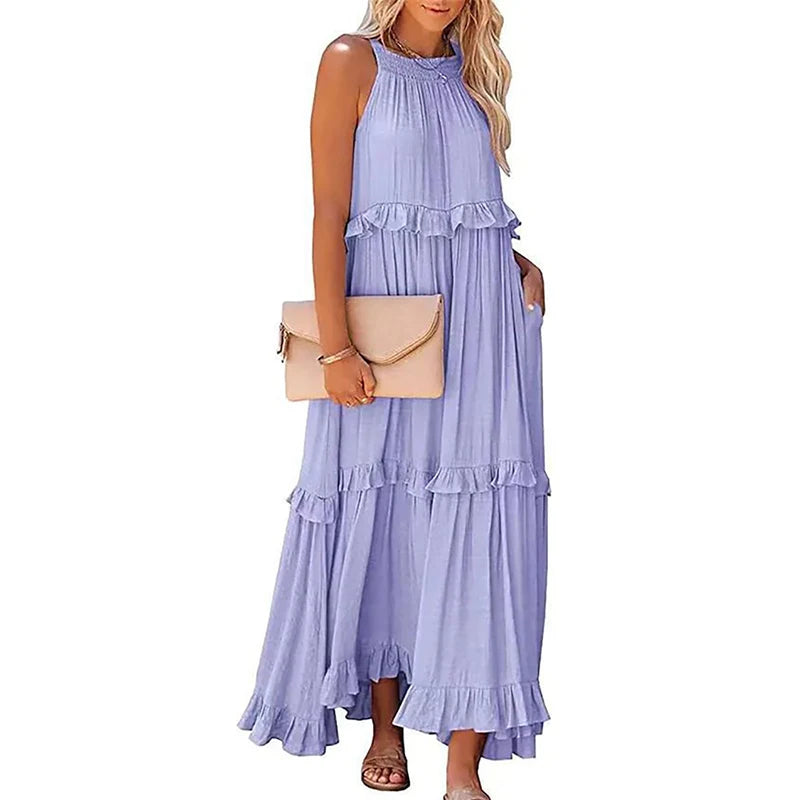 Women’s Casual Solid Ruffle Maxi Dress – Sleeveless Summer Beach Sundress, Elegant Party Vestido