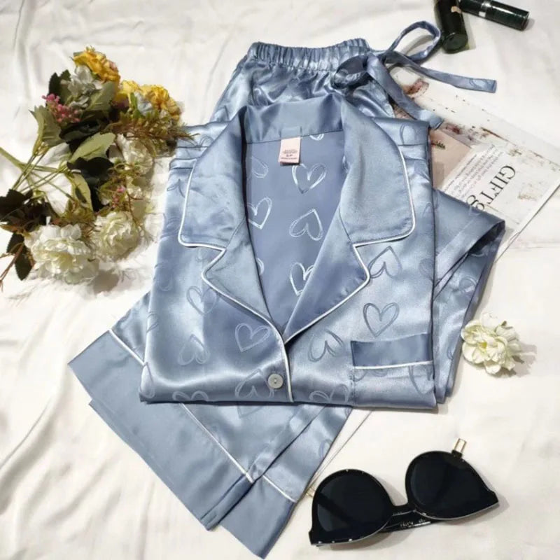 Ice Silk Lace Pajamas – Women's Long Sleeve 2-Piece Sleepwear