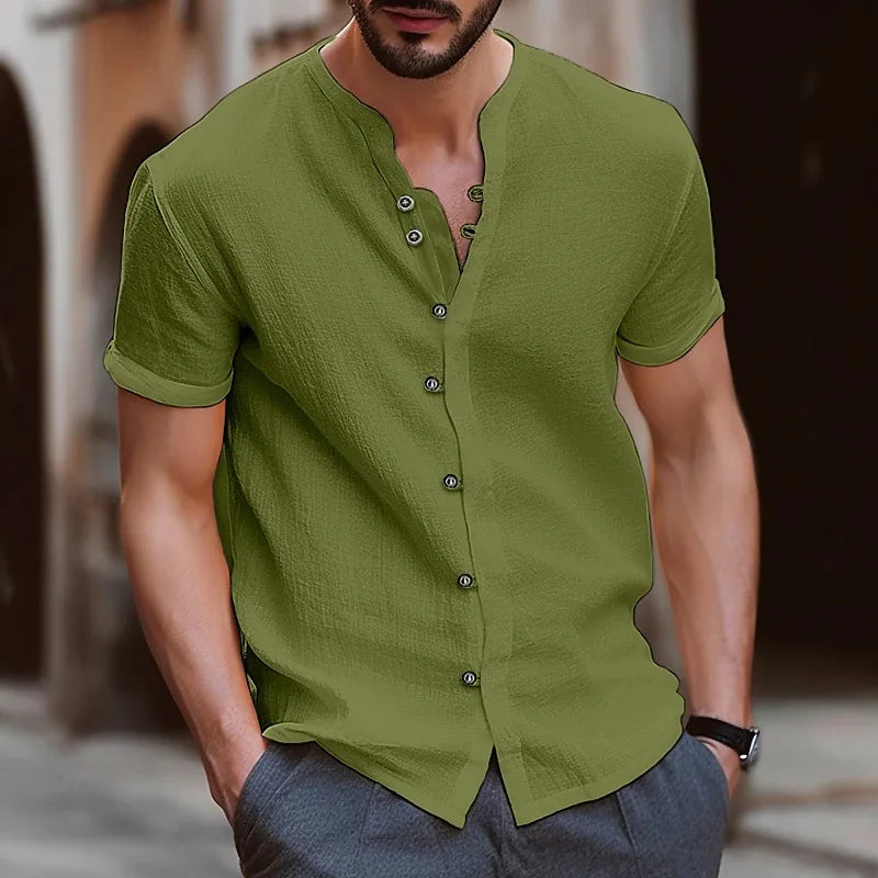 Men's Collarless Polo Shirt — Casual Beach Style Short Sleeve Top