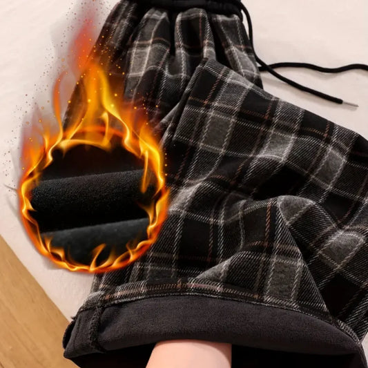Women’s Winter Plaid Wide-Leg Pants – High-Waist & Fleece-Lined