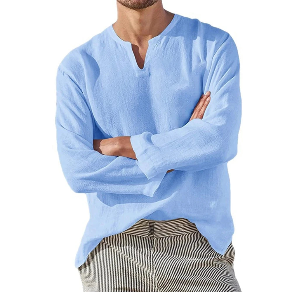 2025 Men's Cotton Linen V-Neck Shirt — Breathable, Solid Color, Casual Long Sleeve Blouse