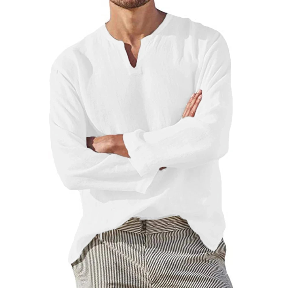 2025 Men's Cotton Linen V-Neck Shirt — Breathable, Solid Color, Casual Long Sleeve Blouse