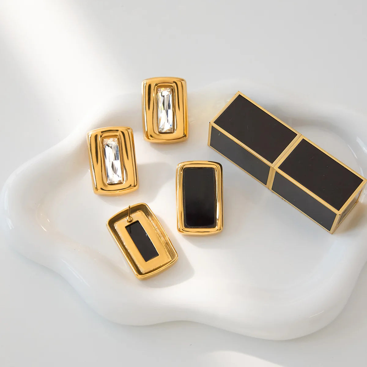 Women’s Square Stud Earrings – 18K Gold-Plated Stainless Steel Zircon